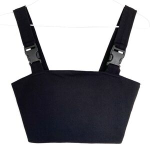 MOTEL ROCKS Black Crop Top with Black Buckles